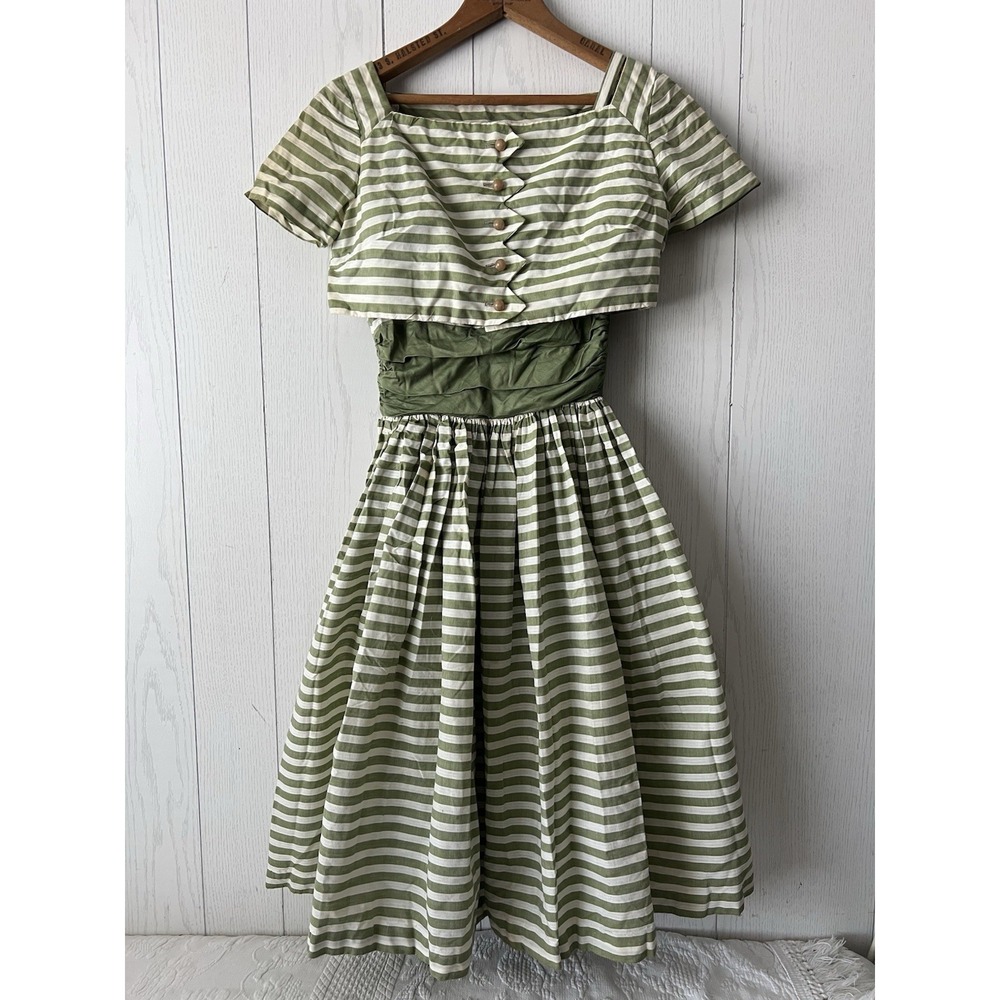Vintage 1950s 1960s Jonathan Logan Striped Pleated Day Dress Jacket Small Green